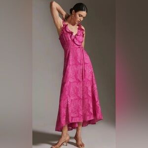 Hutch x Anthropologie Ruffled V Neck Leaf Wrap Maxi Dress Fuschia